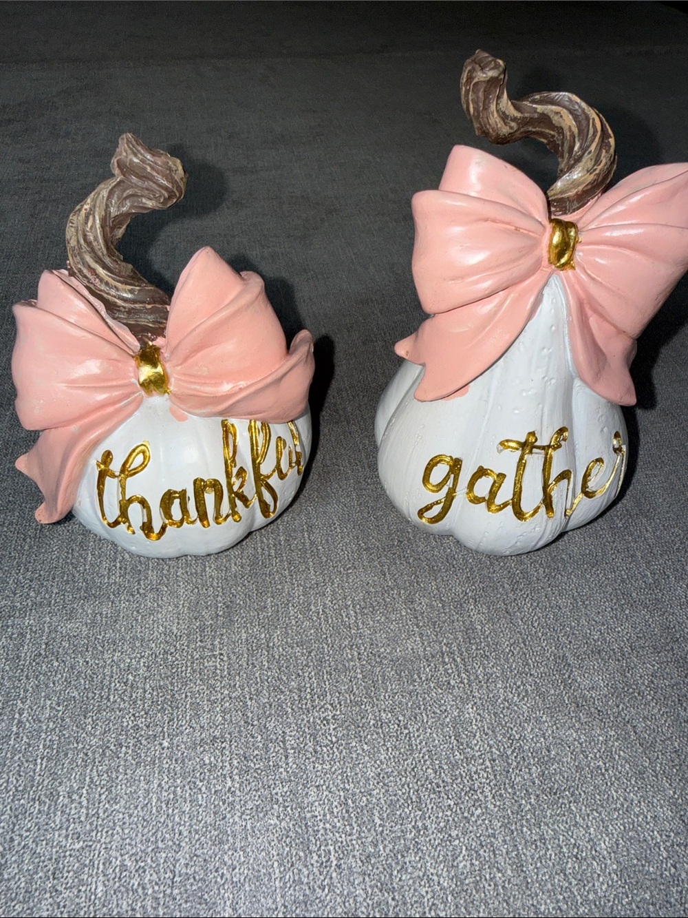White Decorative Pumpkin Pair with Pink Bows - 'thankful' & 'gather'